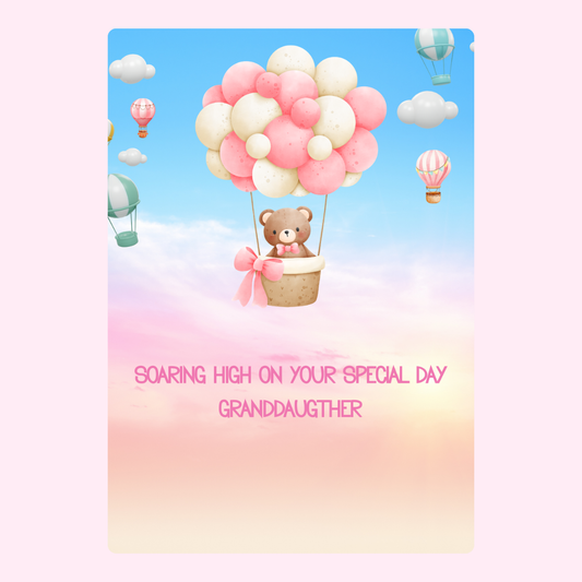 Granddaughter's special day card with teddy bear in hot air balloon