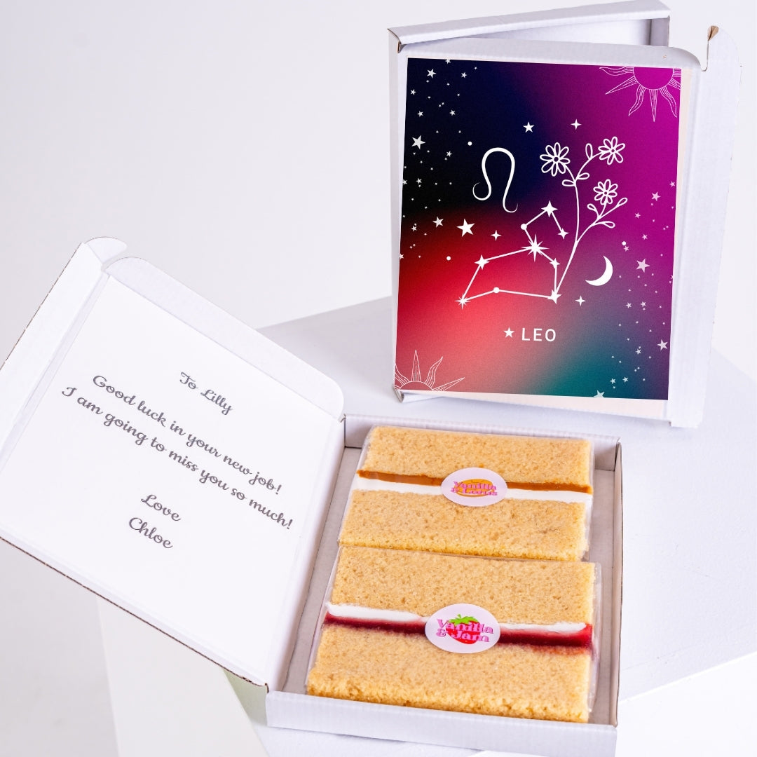 Letterbox cake gift with Leo zodiac design and personalised message