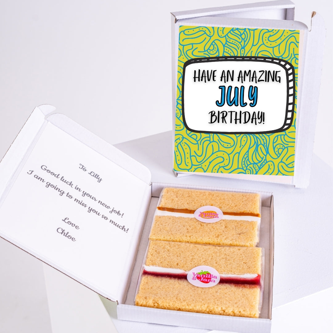 July birthday cake gift with message and slices.