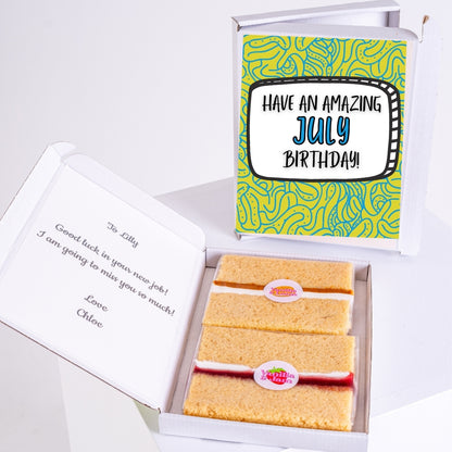 July birthday cake gift with message and slices.