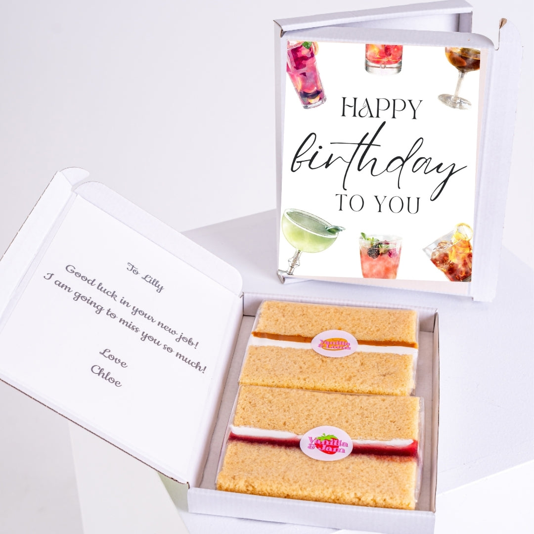 Vanilla cake gift with birthday and cocktail theme