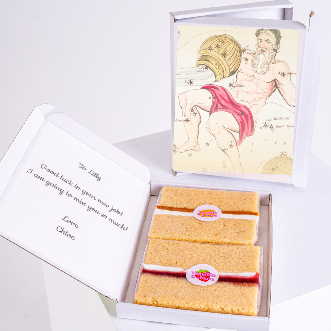 Cake & card gift box for Lilly, with Aquarius art & a farewell note.