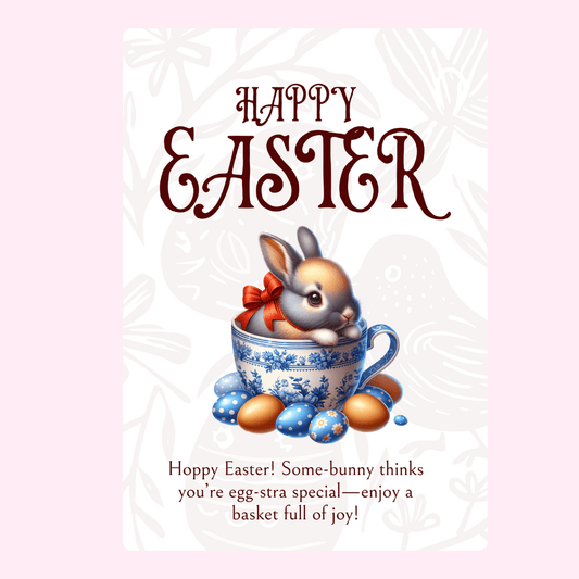 Happy Easter bunny in teacup card