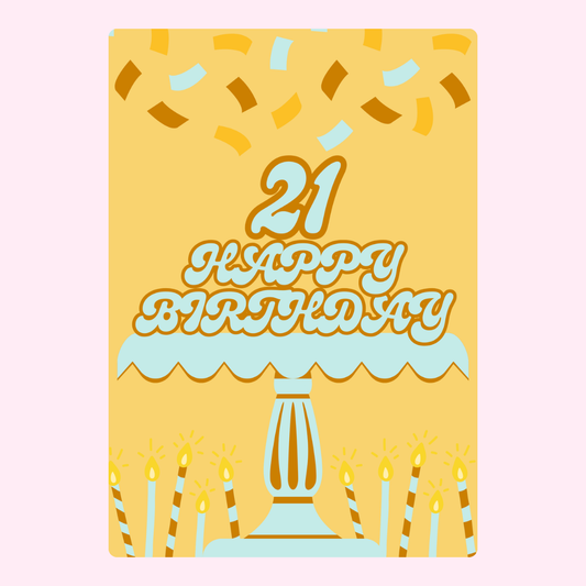 21st Happy Birthday card with cake and confetti