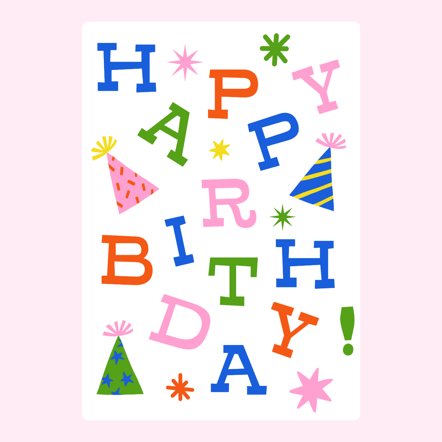 Happy Birthday card with colorful text and party hats