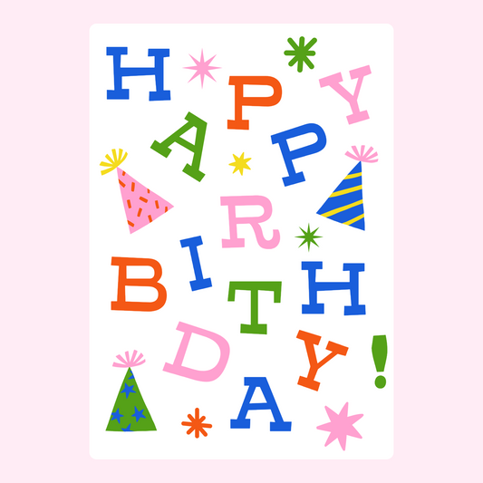 Happy Birthday card with colorful text and party hats