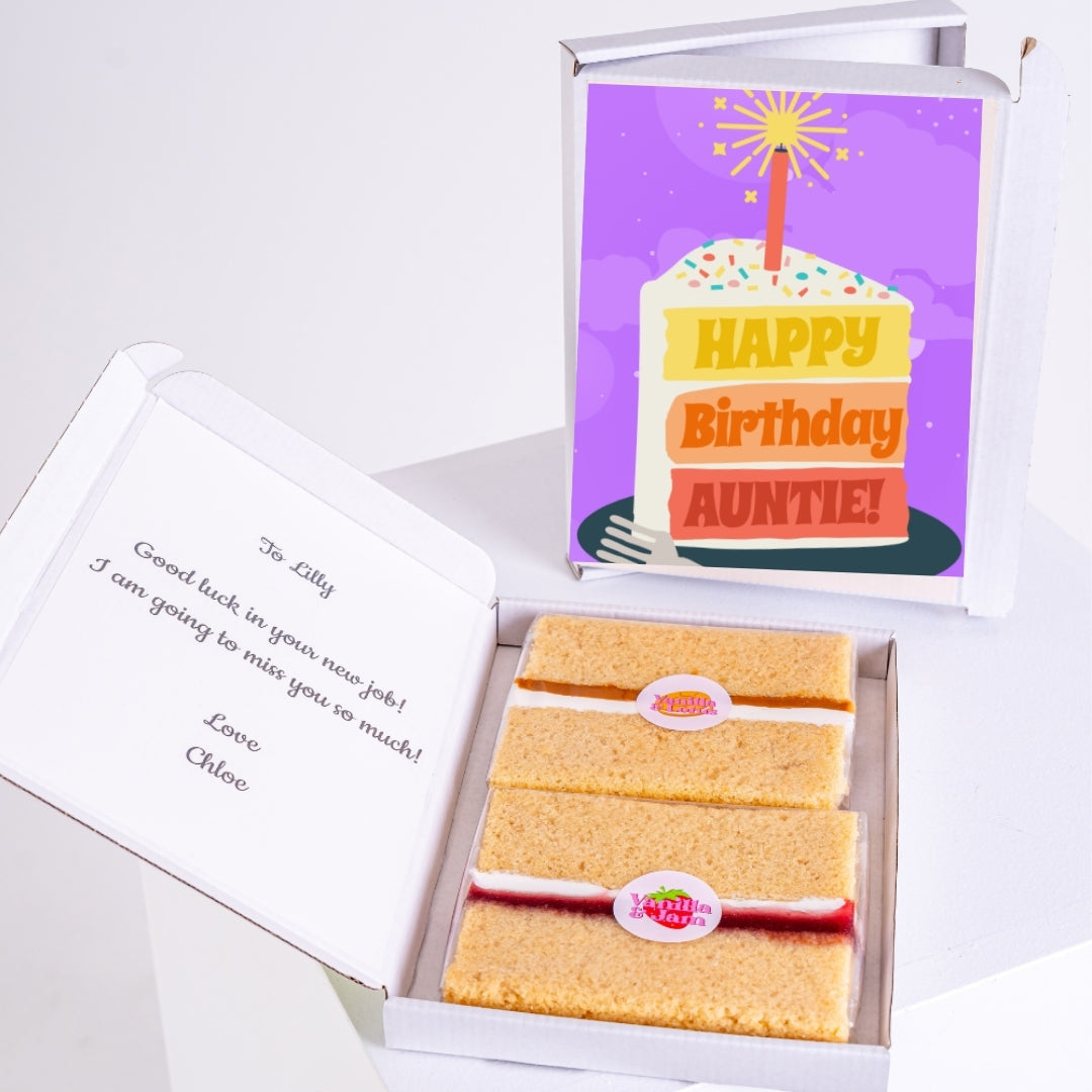 Gift box for auntie with a birthday message and cake slices.
