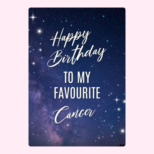 Birthday message for Cancer star sign on starry background.