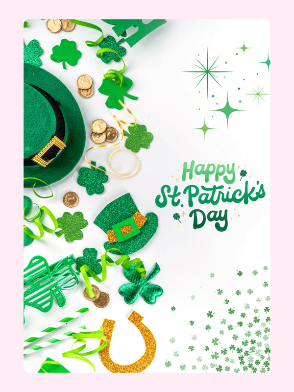 Happy St. Patrick's Day decorations with green hat and clover.