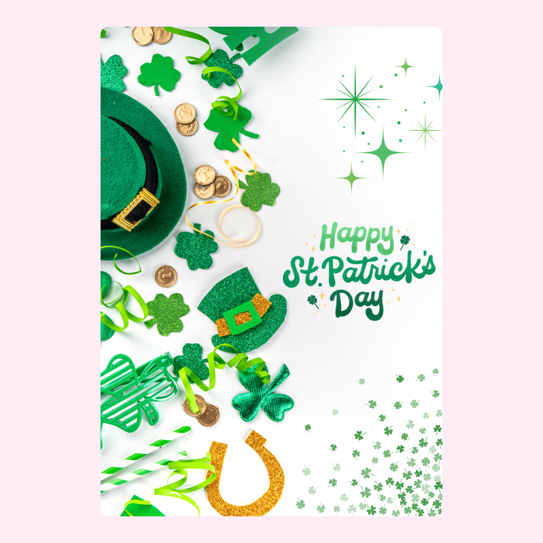 Happy St. Patrick's Day decorations with green hat and clover.