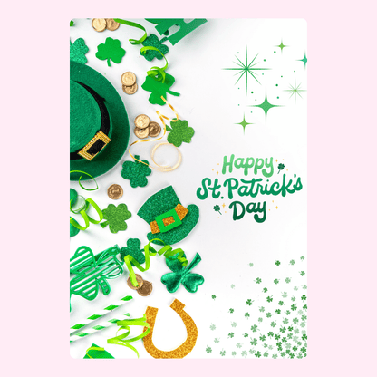 Happy St. Patrick's Day decorations with green hat and clover.