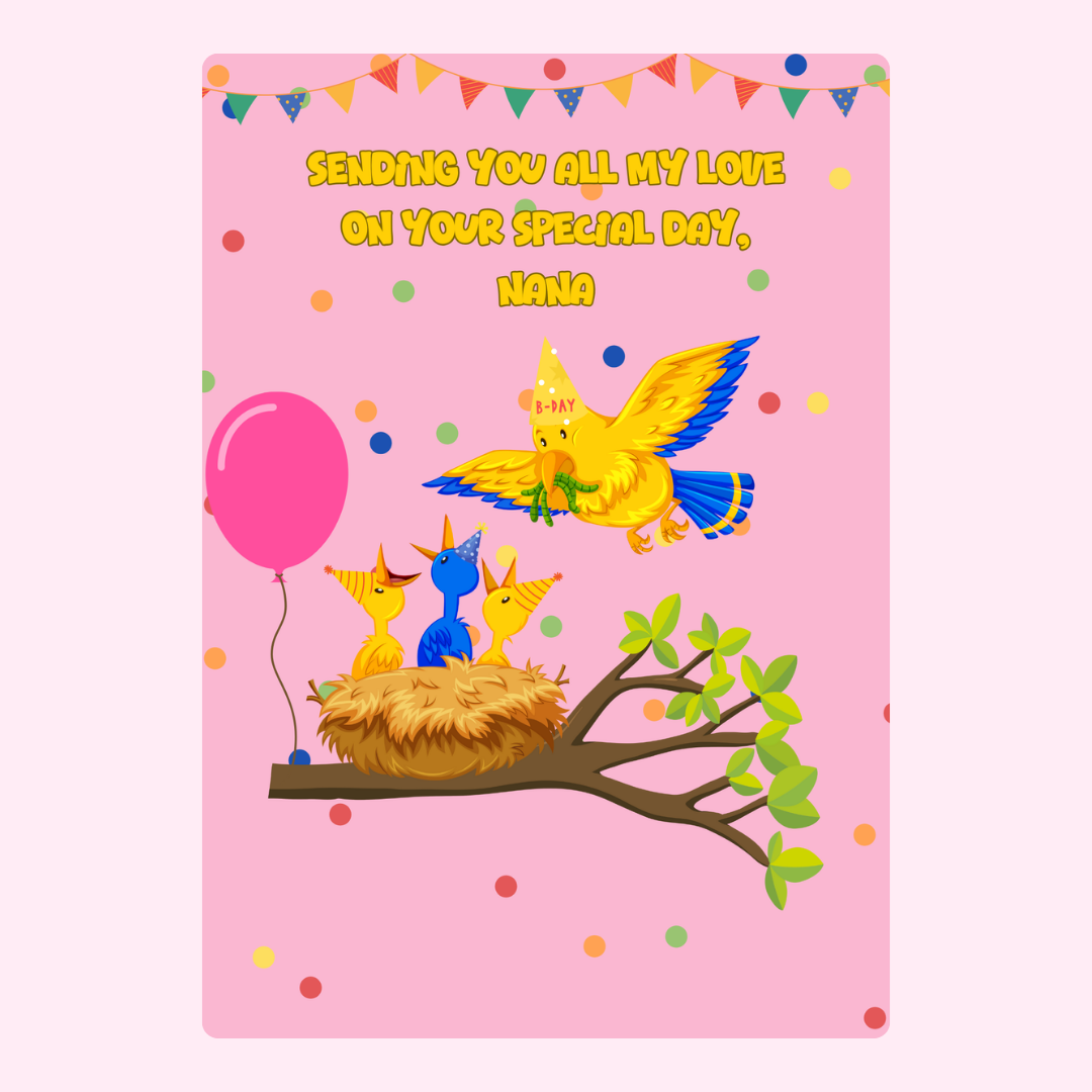 Birthday card for Nana with birds and balloon
