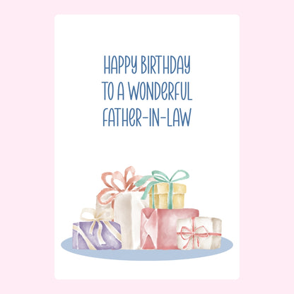 Colourful gift boxes and birthday message for father-in-law.