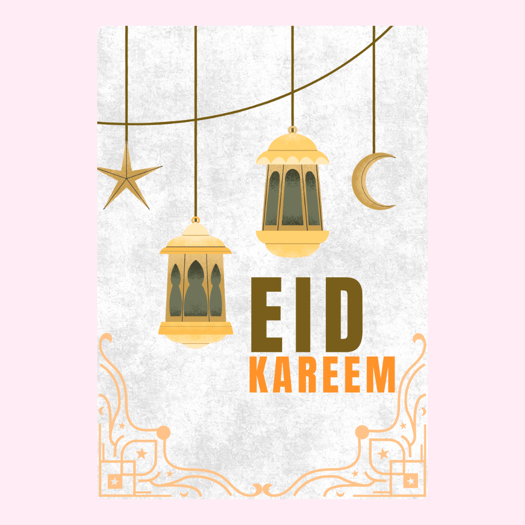Eid Kareem greeting with lanterns, moon, and star