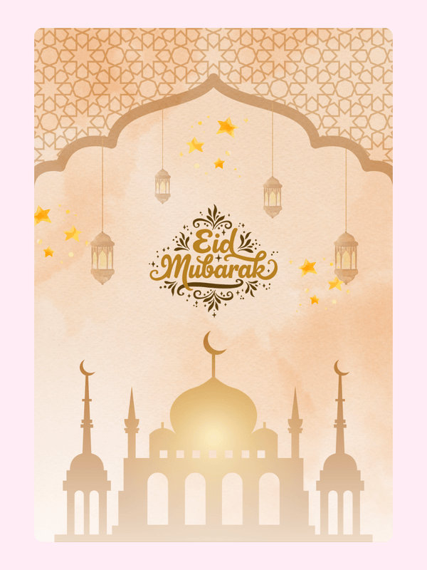 Eid Mubarak greeting card with mosque and lanterns