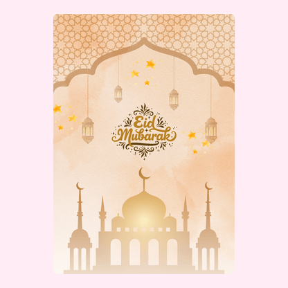 Eid Mubarak greeting card with mosque and lanterns