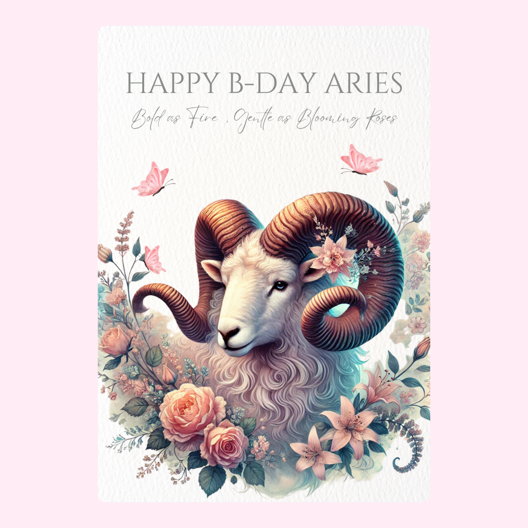 Aries birthday card with ram and flowers