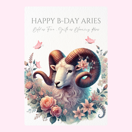 Aries birthday card with ram and flowers