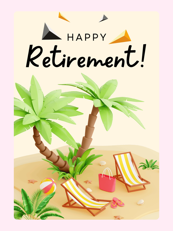 Happy Retirement card with palm trees and beach chairs