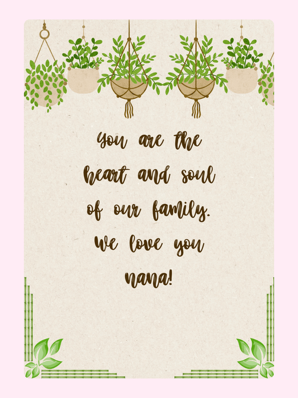 Nana card with hanging plants, heart and soul message.