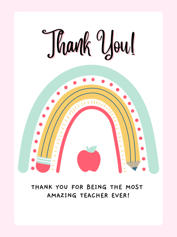 Thank you teacher card with rainbow and apple