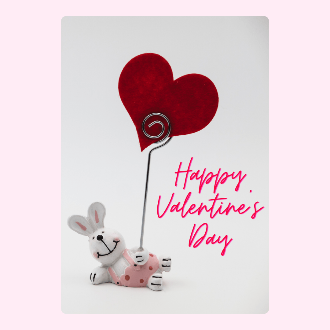 Valentine's Day card with bunny holding heart, Happy Valentine's Day greeting