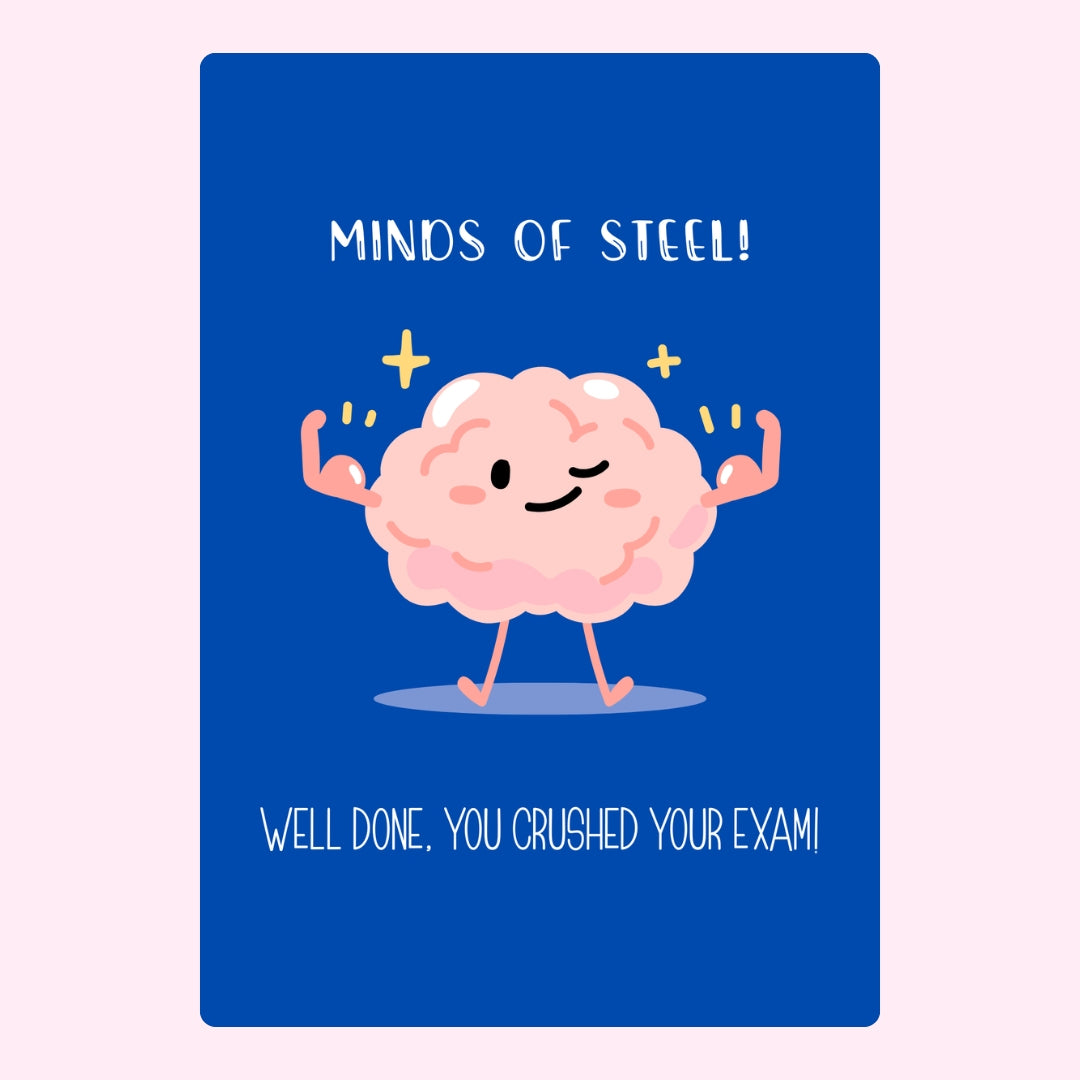 Blue and pink exam celebration design with a flexing brain illustration.