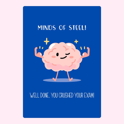 Blue and pink exam celebration design with a flexing brain illustration.