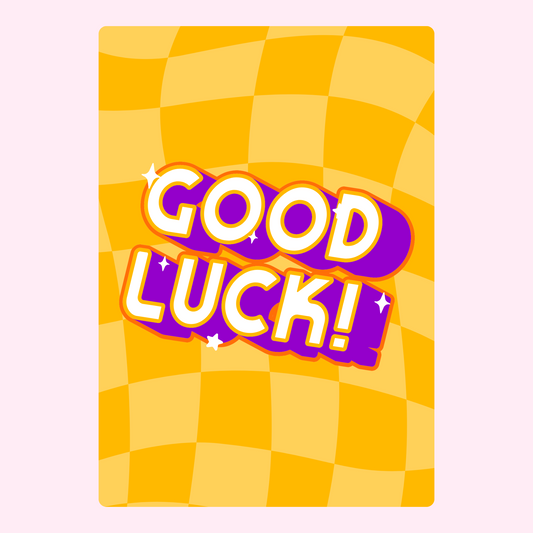 Good Luck! card with yellow checkerboard background