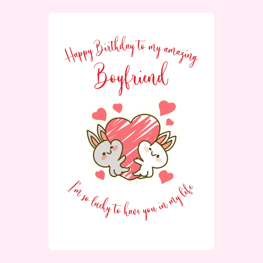 Cute birthday message for boyfriend with two bunnies and pink hearts.