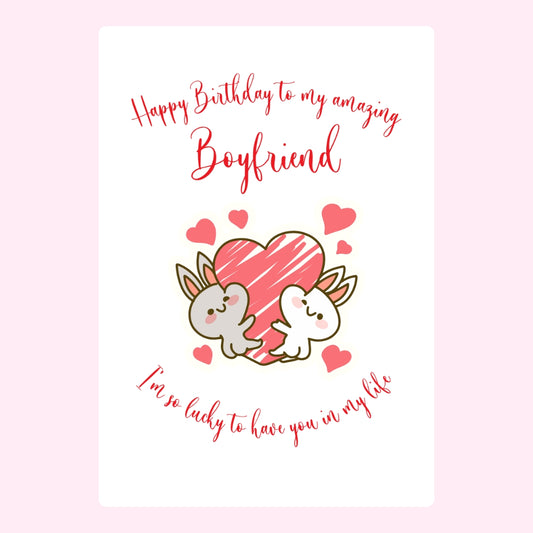 Cute birthday message for boyfriend with two bunnies and pink hearts.
