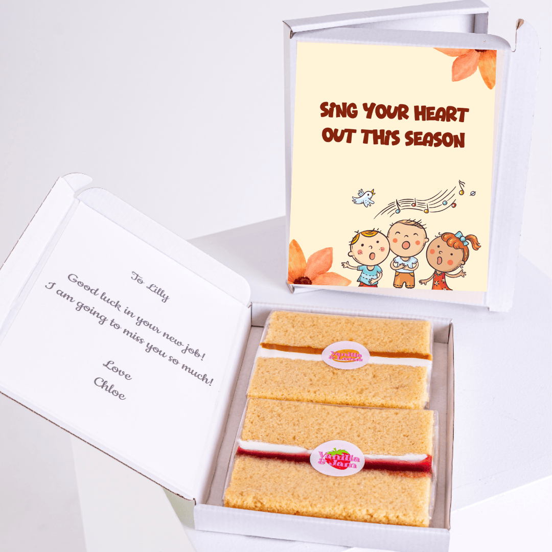 Cake gift box with Sing Your Heart Out card, farewell message.