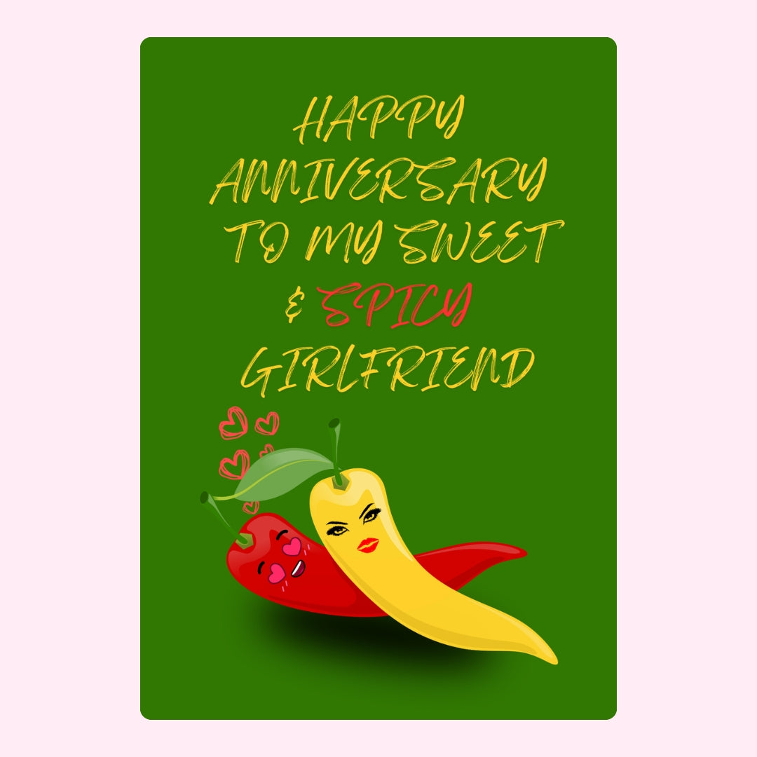 Spicy anniversary message with cute chilli design for girlfriend.