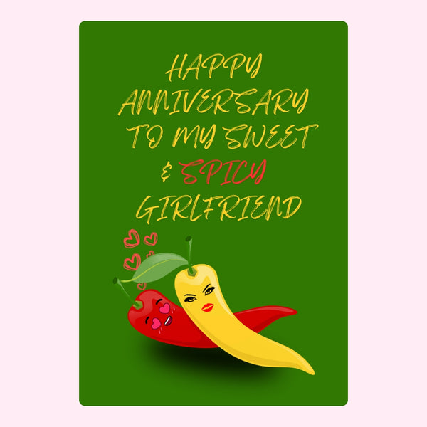 Spicy anniversary message with cute chilli design for girlfriend.