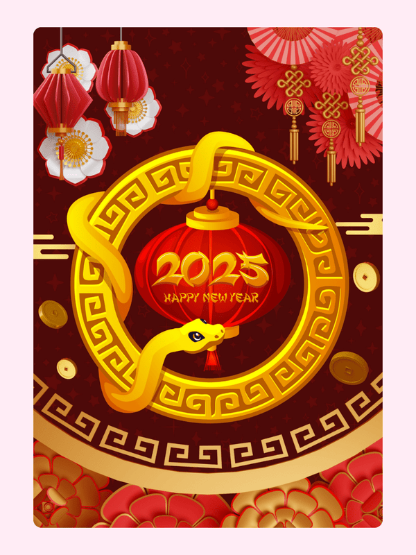 2025 Happy New Year with snake and lanterns
