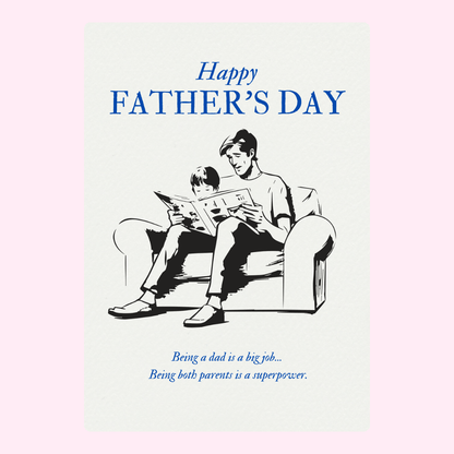 Father's Day card with dad and child reading.