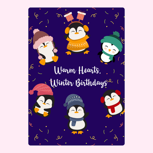 Warm Hearts Winter Birthday card with penguins