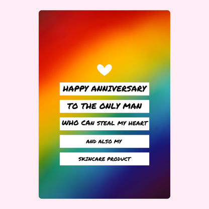 Funny anniversary message for boyfriend on rainbow background.