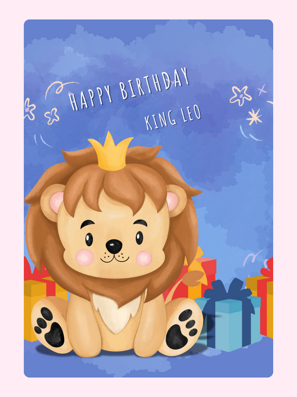 Happy Birthday King Leo letterbox cake card with freshly baked cake slices
