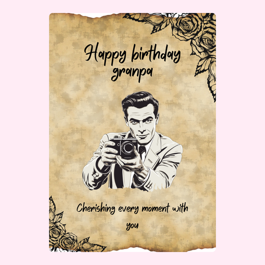Happy birthday grandpa card with vintage man and camera.