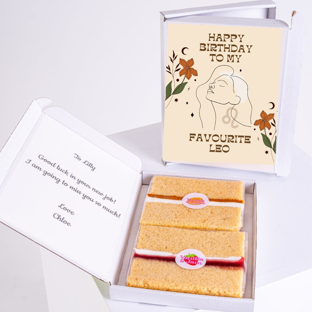 Open gift box with Leo-themed birthday design on the lid