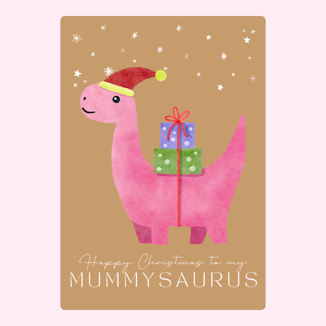 Christmas MummySaurus card with gifts