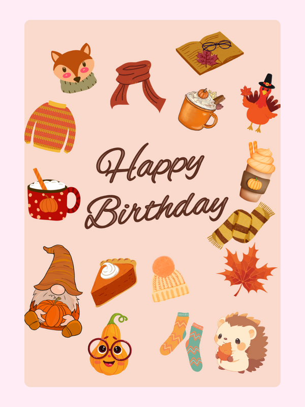 Happy Birthday card with autumn illustrations
