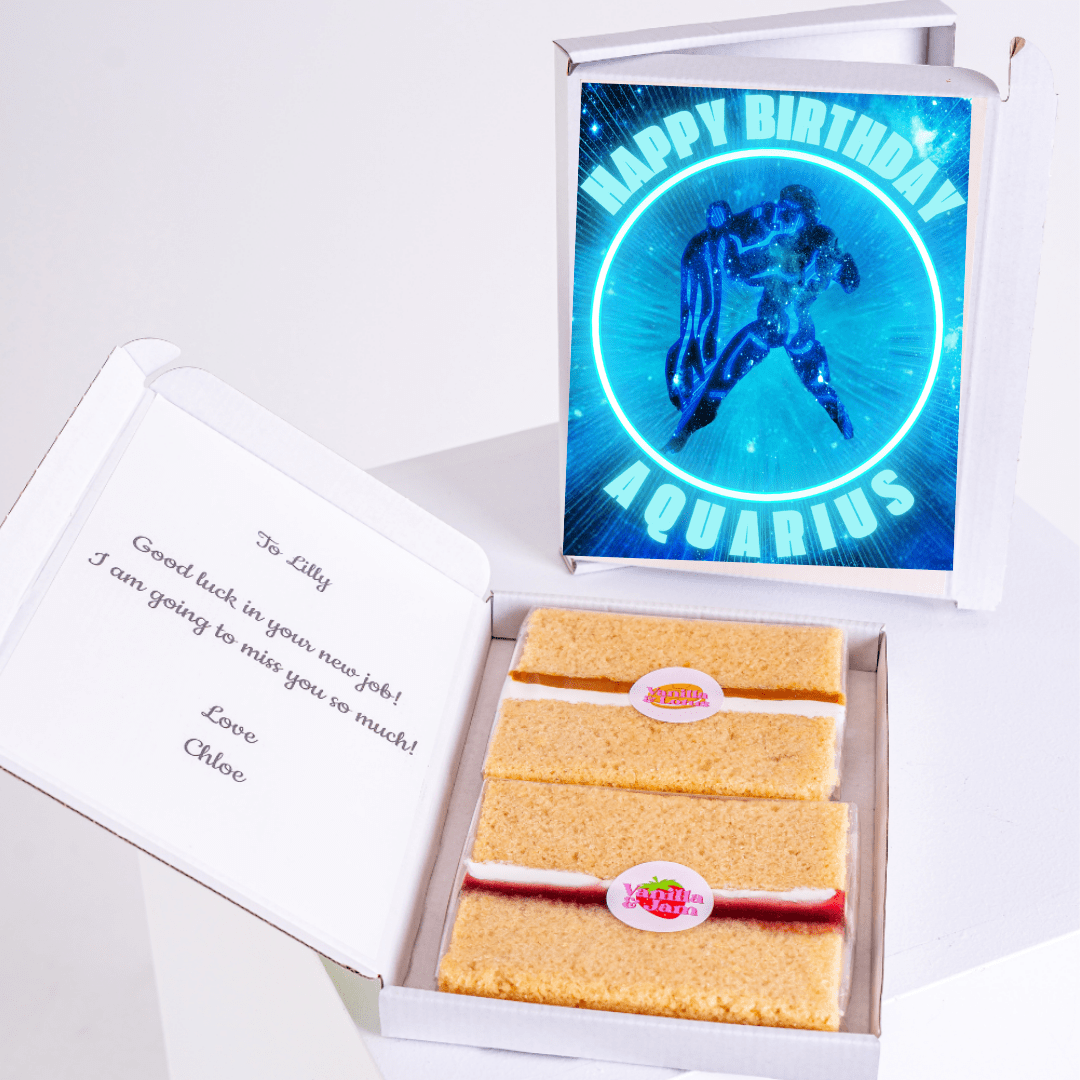 Birthday cake gift for Lilly, Aquarius, with a farewell message.