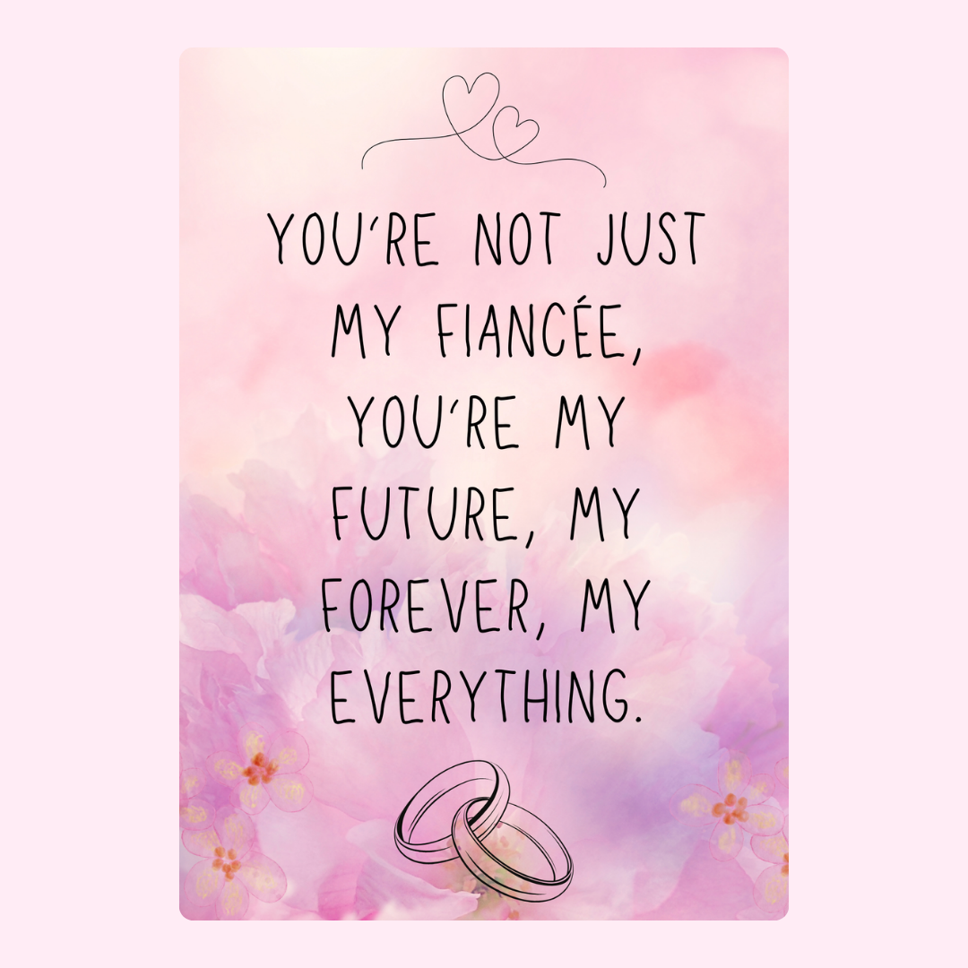 Engagement card with romantic quote and rings.