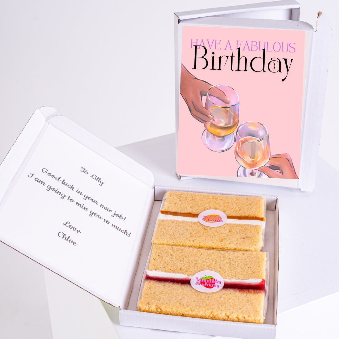 Vanilla cake gift with elegant birthday toast design