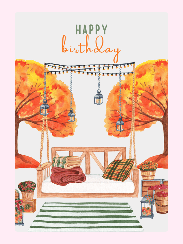 Happy birthday card with autumn swing and lanterns