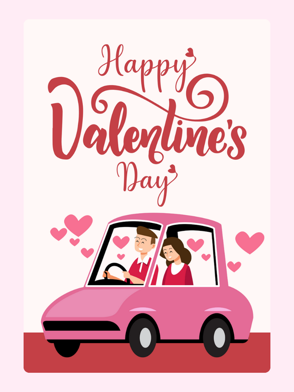 Happy Valentine's Day card with couple in pink car