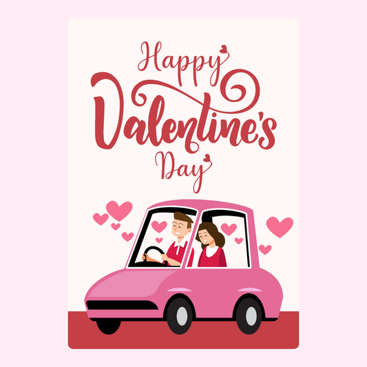 Happy Valentine's Day card with couple in pink car