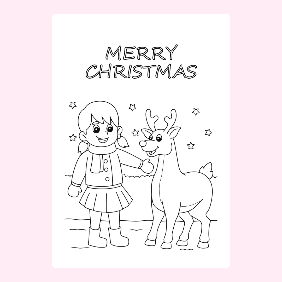 Merry Christmas coloring page with girl and reindeer.